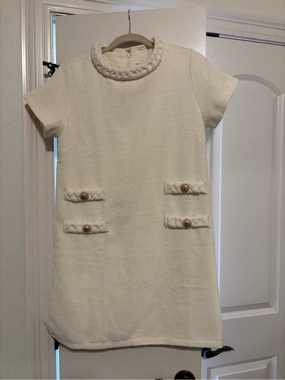 Womens Cream Textured Short-Sleeve Dress with Braided Trim